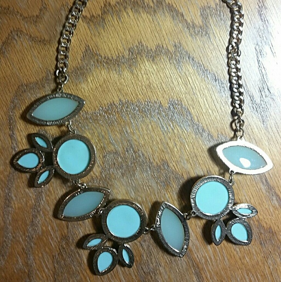 Teal Cabochon Statement Necklace & Earrings Set Gold Tone Chain Jewelry Vintage - Picture 12 of 15