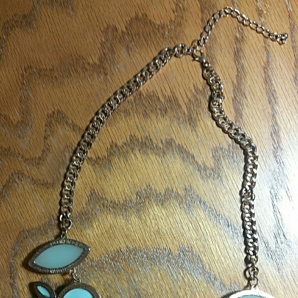 Teal Cabochon Statement Necklace & Earrings Set Gold Tone Chain Jewelry Vintage - Picture 13 of 15