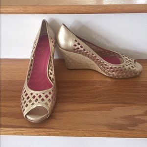 Gold peep toed wedges from Lilly Pulitzer.