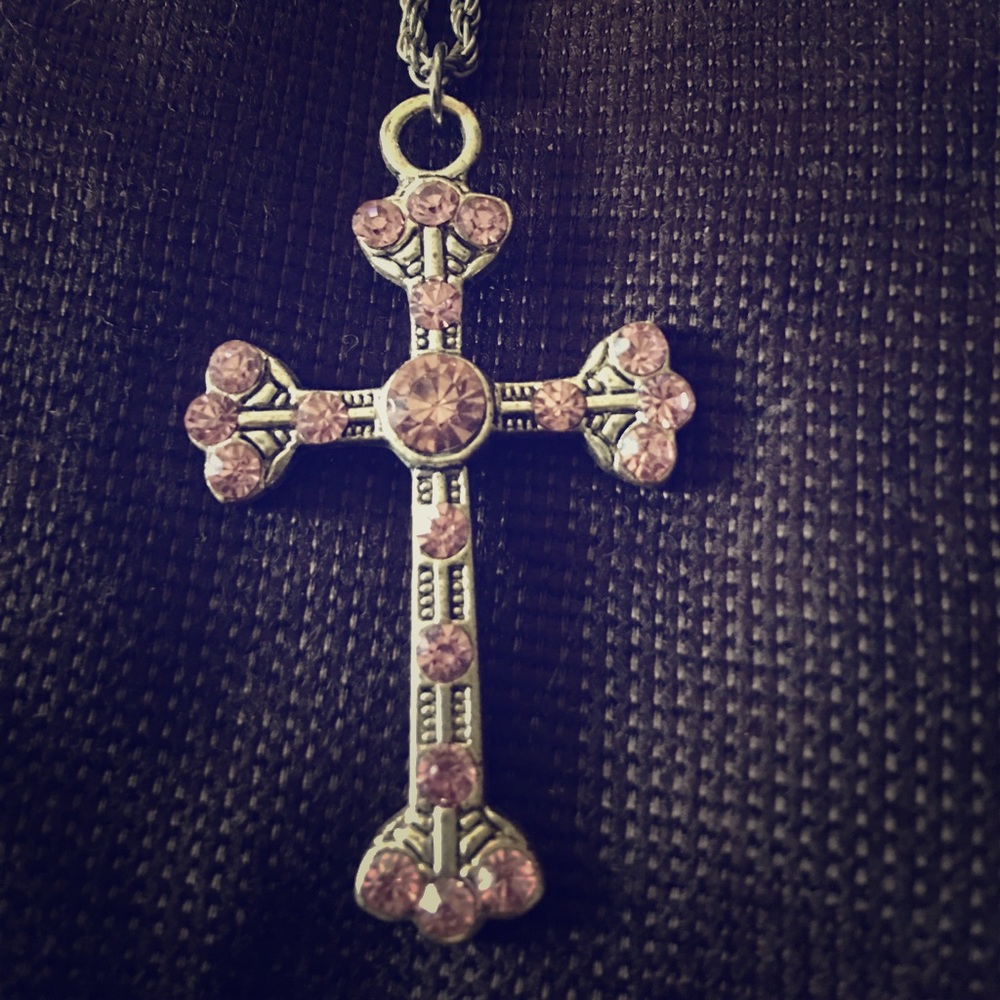 Silver Cross with Pink Crystal and chain