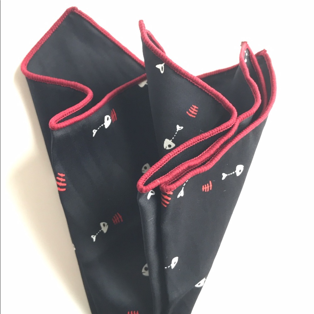 Fish Skeleton Cotton Black Pocket Square Red Trim