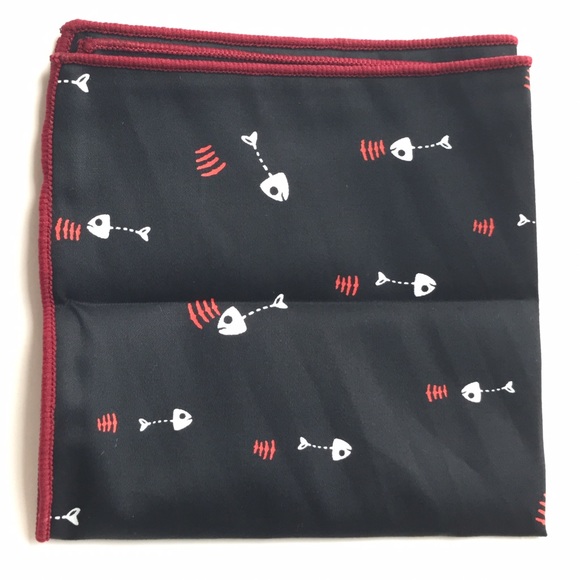 Fish Skeleton Cotton Black Pocket Square Red Trim - Picture 2 of 2