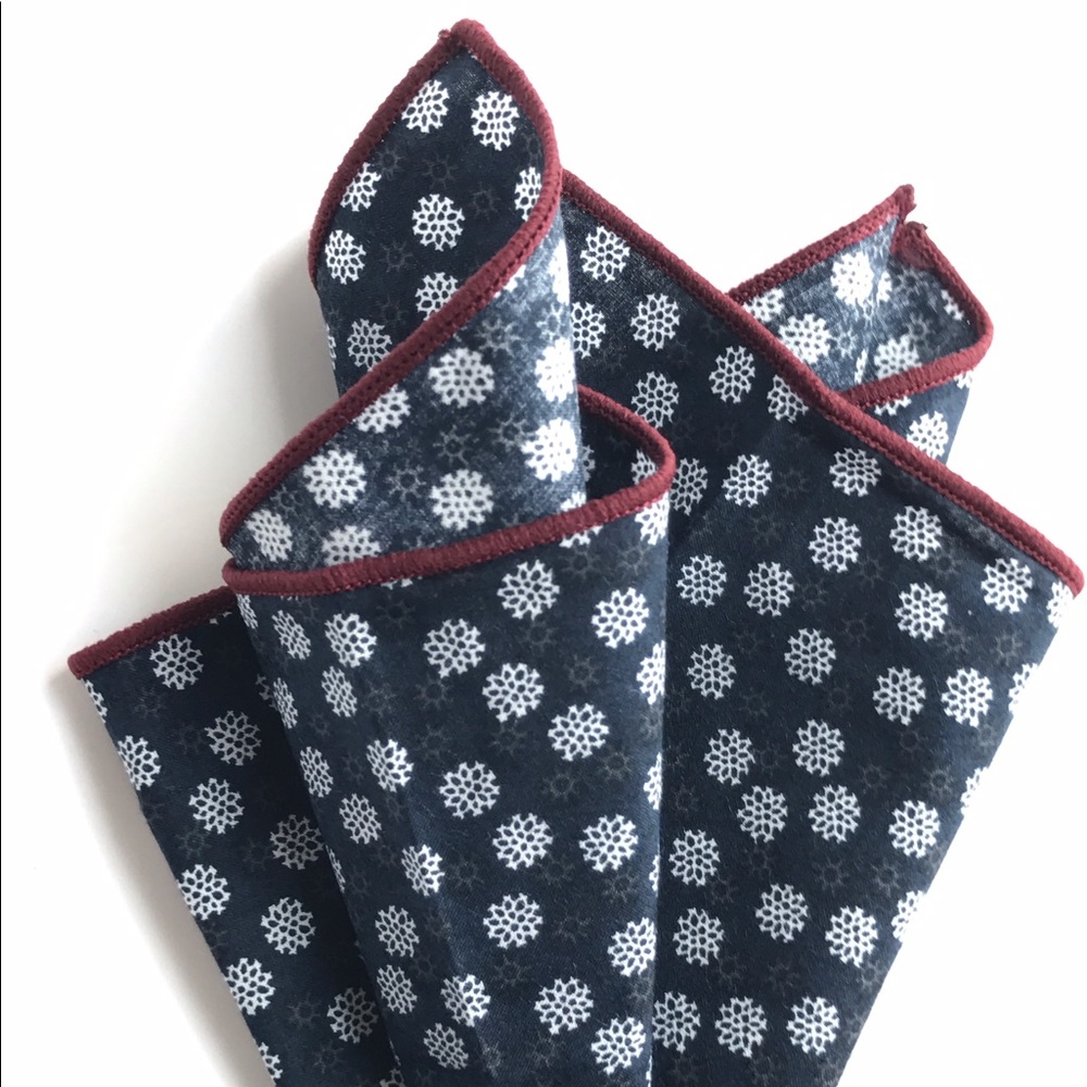 Blue Pocket Square White Flowers Red Yarn Trim