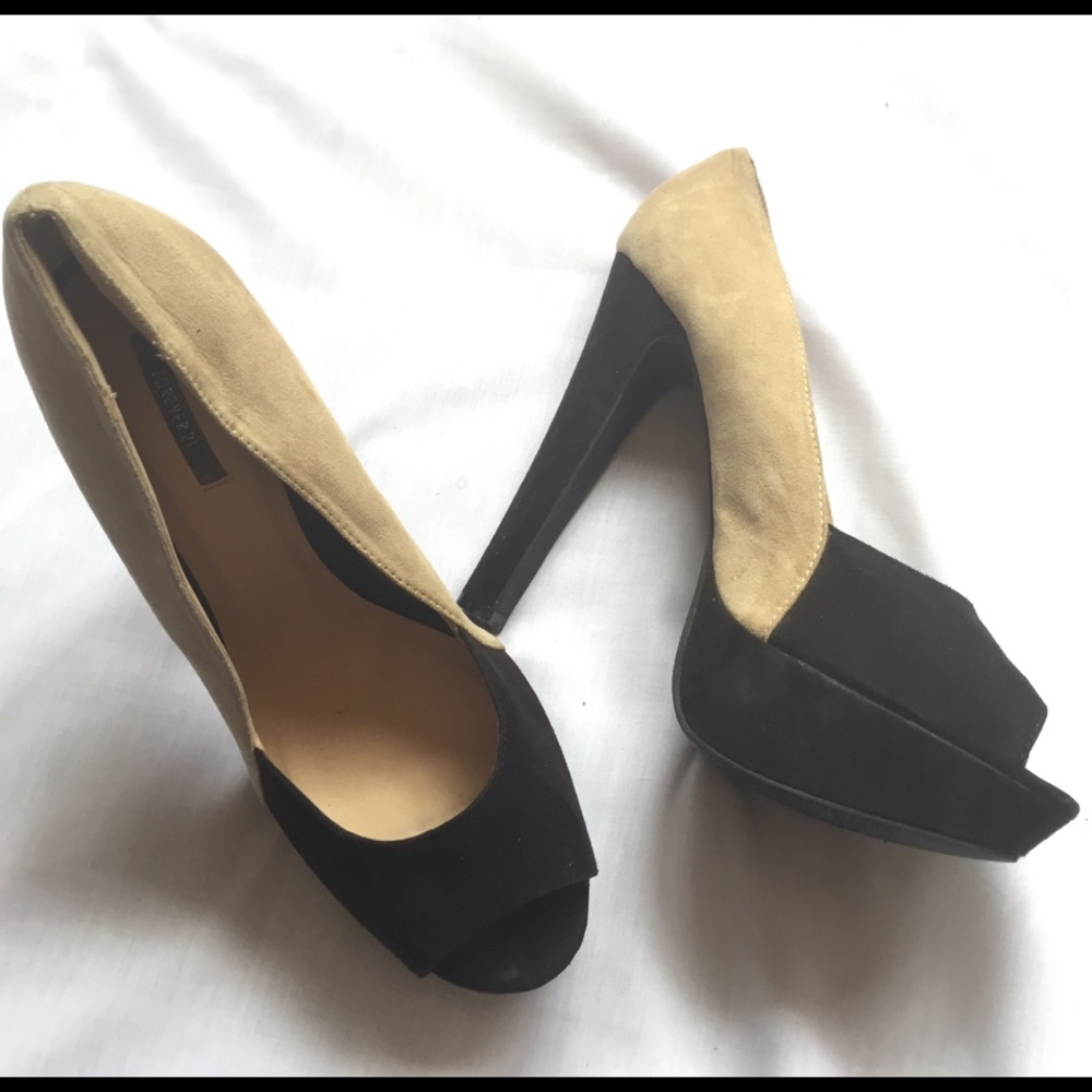 F21 Suede Colorblock Peep Toe Platform Heels