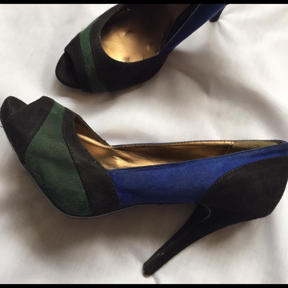 Colorblock Suede Peep Toe Heels by D