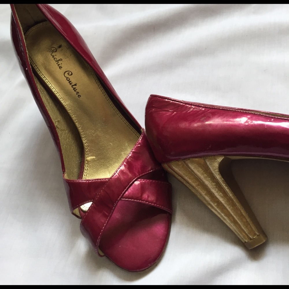 Richie Couture Peep Toe Gold Heel Patent Leather