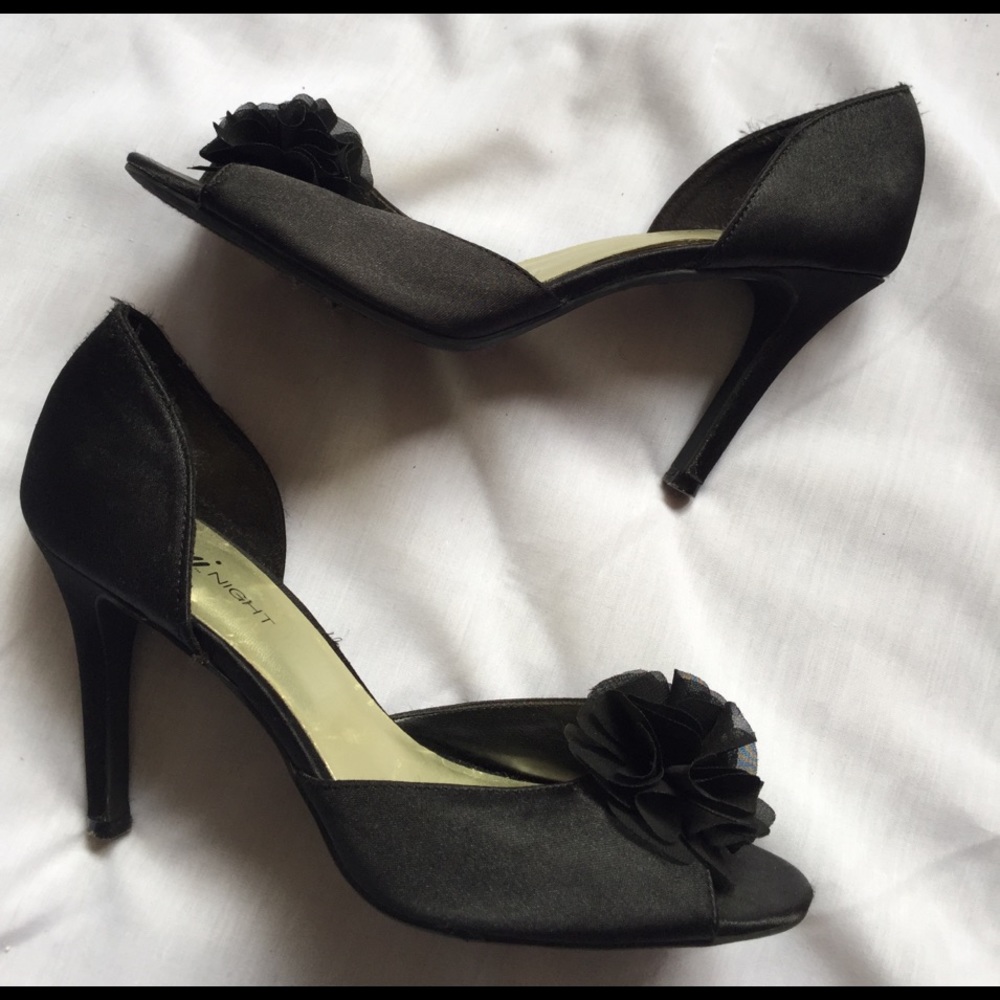 Satin Black Peep Toe Formal Heel Floral