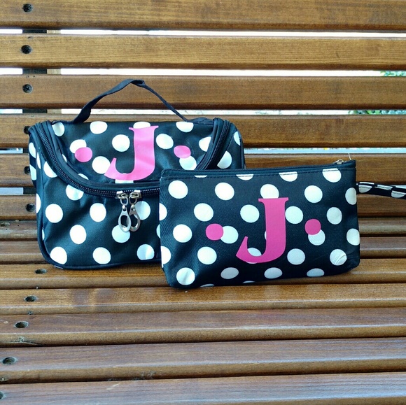 2 Custom letter initial makeup bag cosmetic black - Picture 1 of 8