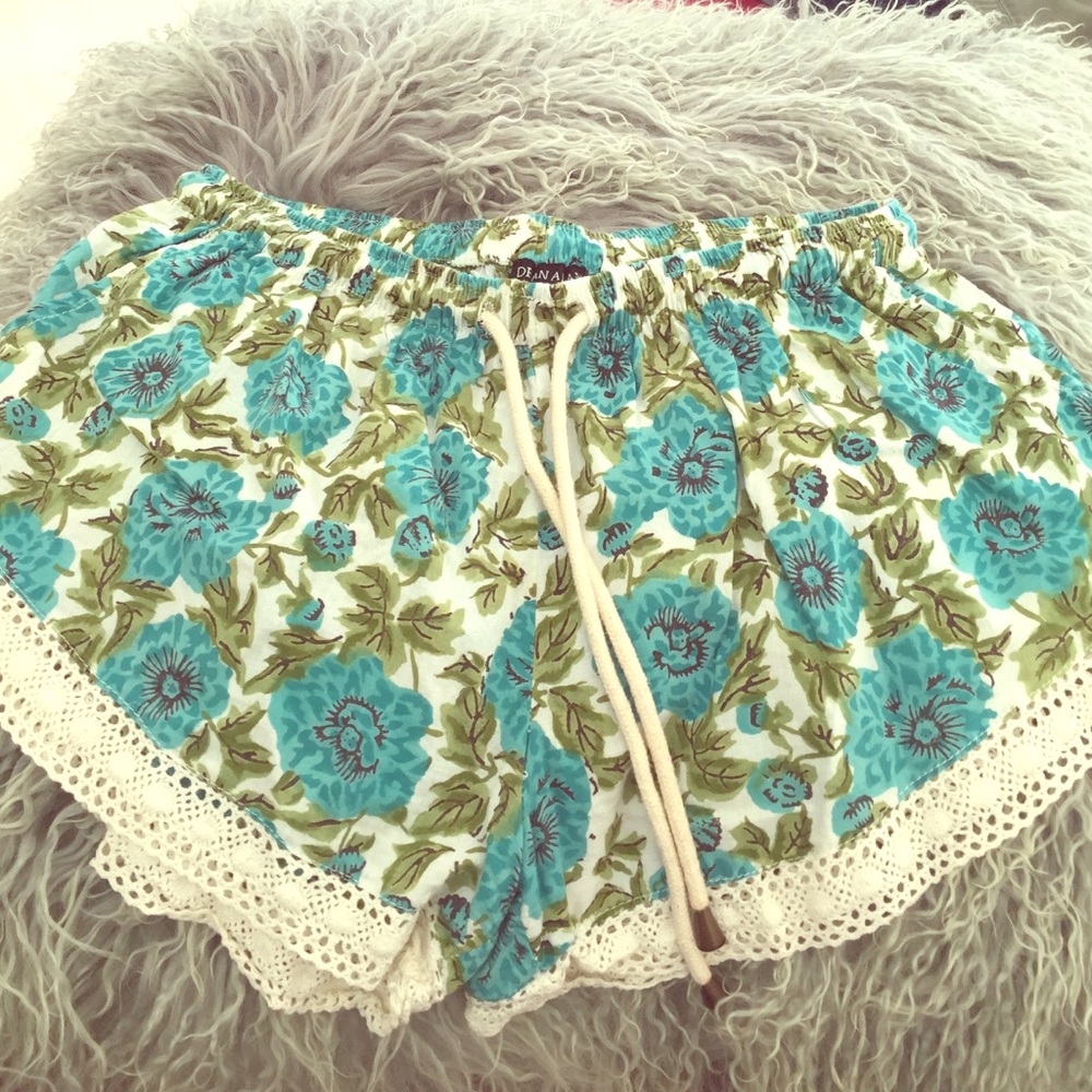 Turquoise floral shorts cotton medium crochet trim