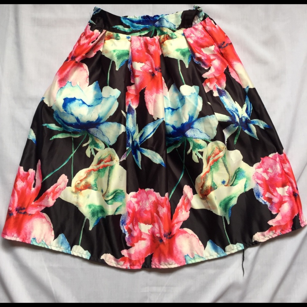 Black Floral Midi Skirt Elastic Waist