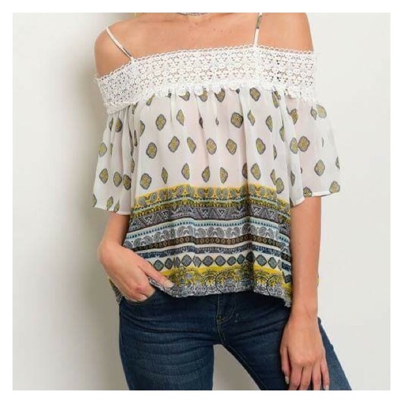 White Yellow Navy Off Shoulder Top - Picture 2 of 3