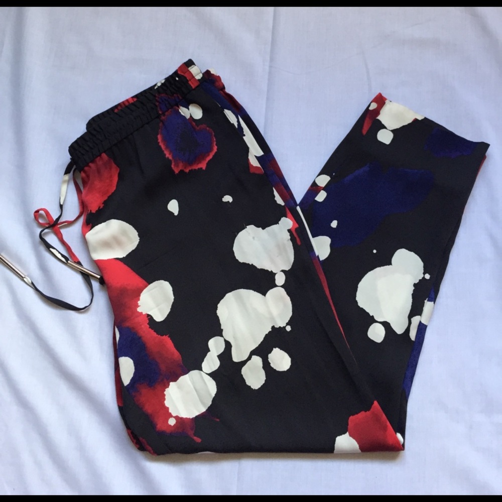 DVF Black Abstract Print Silk Trouser Pants