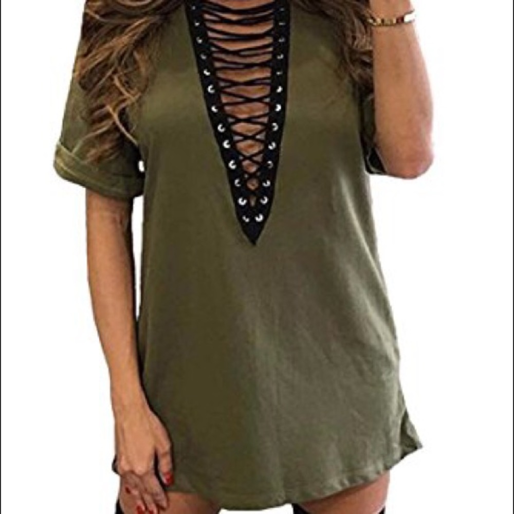 Army green t-shirt lace up dress