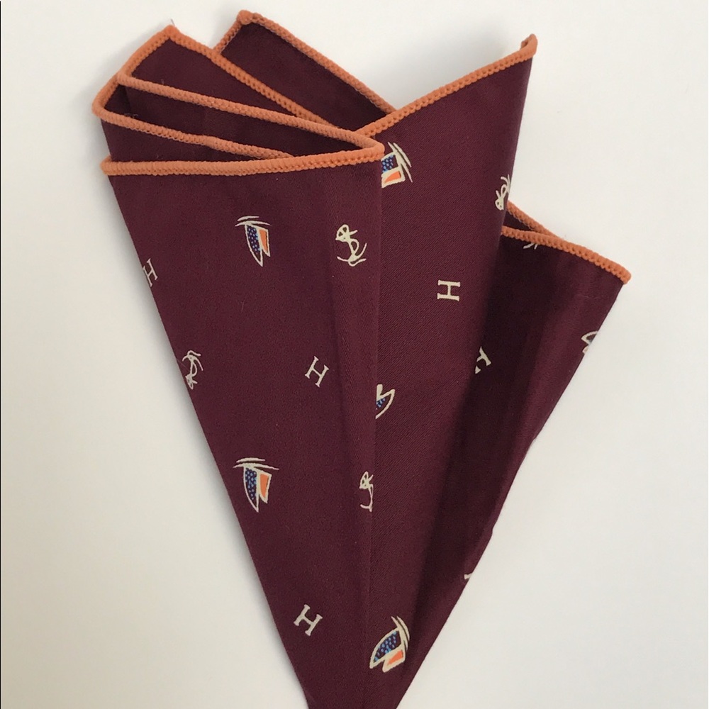 Nautical Burgundy Cotton Pocket Square Orange Trim