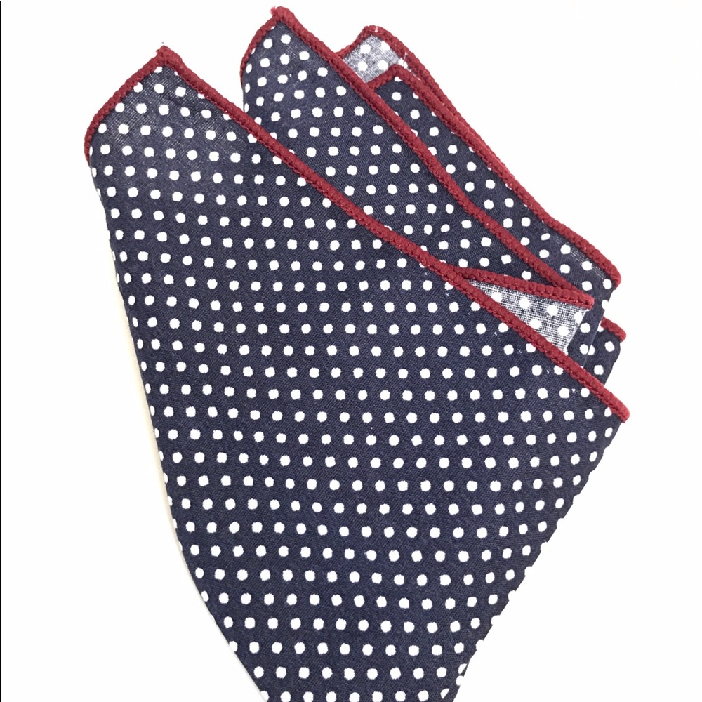 Dark Blue White Dot Cotton Pocket Square Red Trim