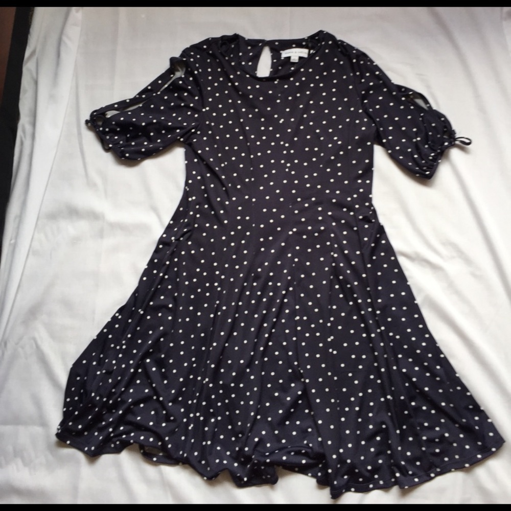 Navy and white polka dot open sleeve dress