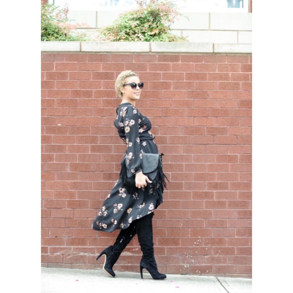 Black floral long sleeve sheer high low dress