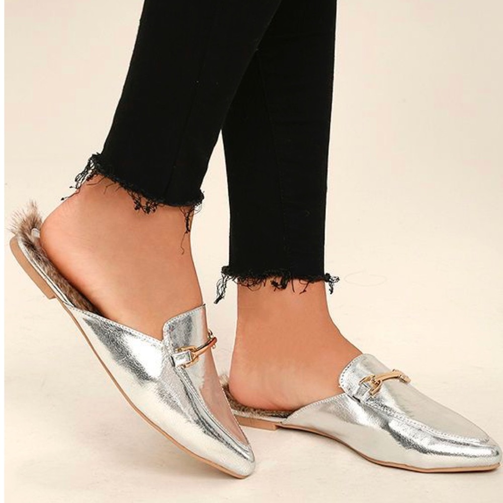 Silver Faux Fur Loafer Slides. - Picture 6 of 6