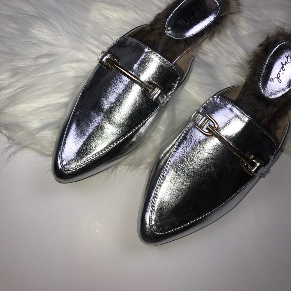 Silver Faux Fur Loafer Slides. - Picture 3 of 6