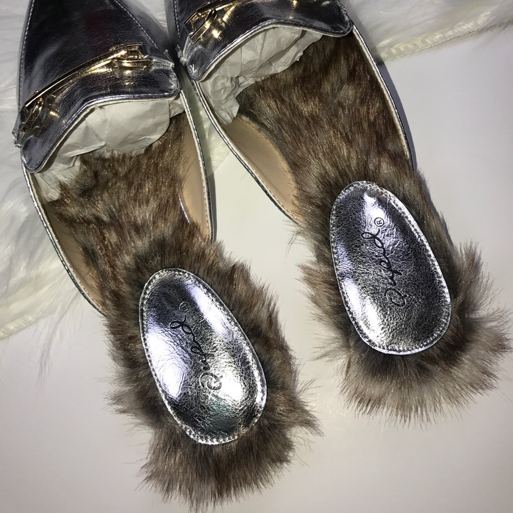 Silver Faux Fur Loafer Slides. - Picture 4 of 6