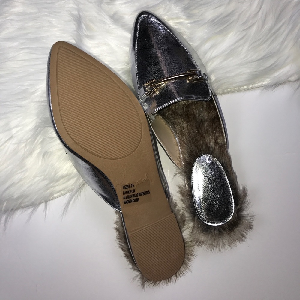 Silver Faux Fur Loafer Slides. - Picture 5 of 6