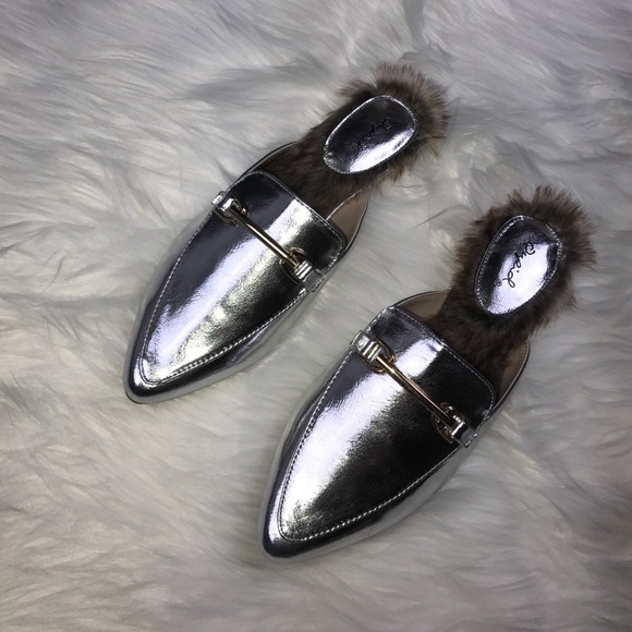 Shoes - Silver Faux Fur Loafer Slides.