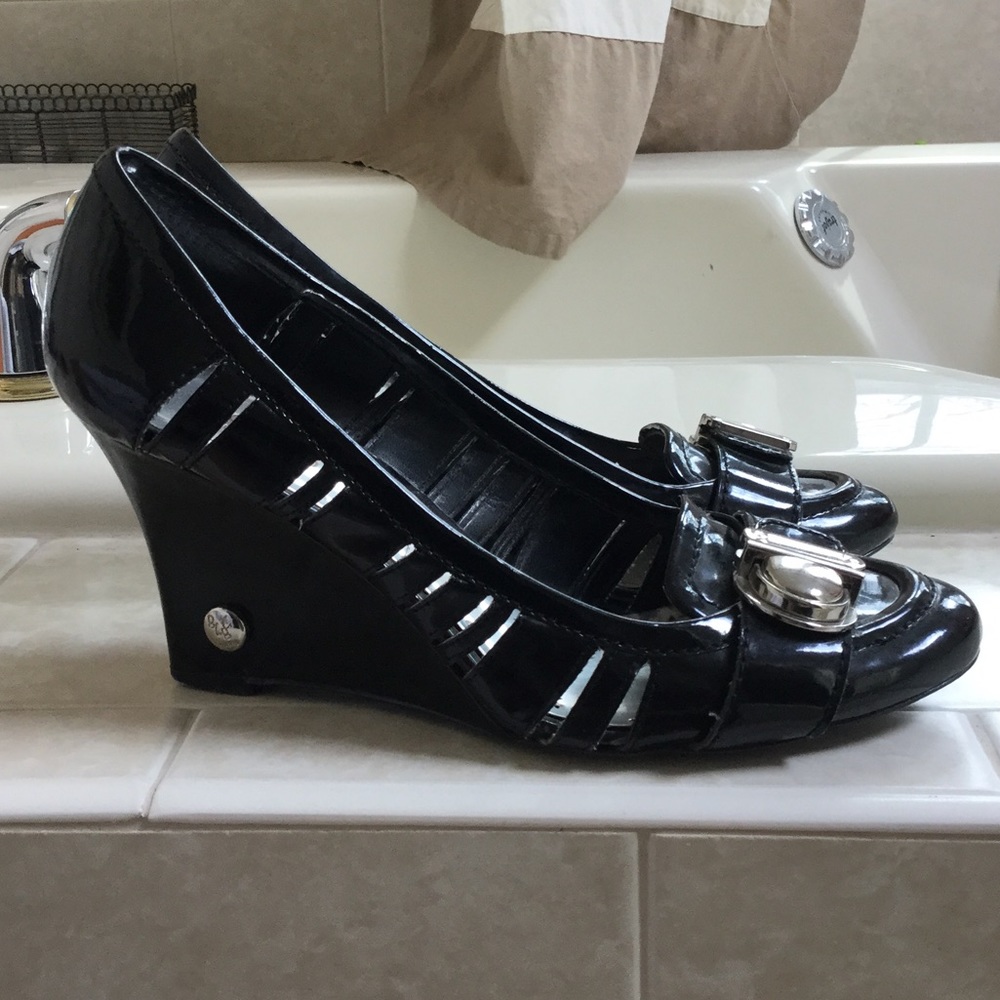 BCBG Paris black patent wedges.