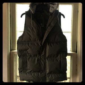 Olive green vest with grey hoodie