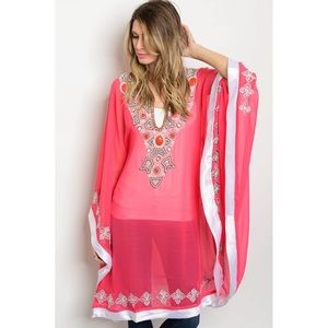 •LAST 1• Coral Long Sleeve Beaded Kaftan Tunic