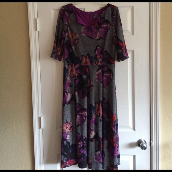Gray and Purple Floral print midi dress - Picture 1 of 6