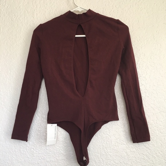AA High Neck Open Back Bodysuit in Wine Red