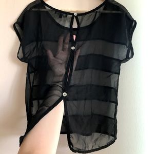 Black Striped Mesh Top With Button Back Detail