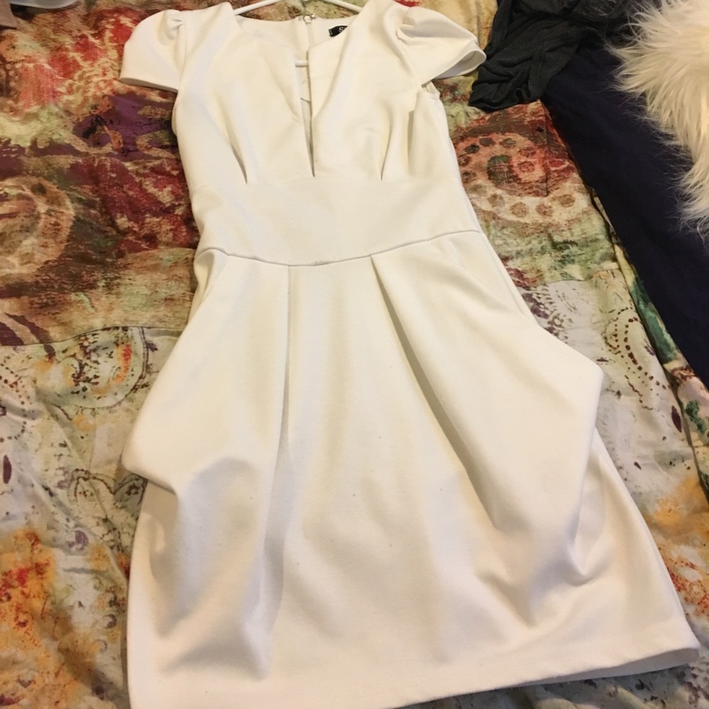 White plunge origami dress