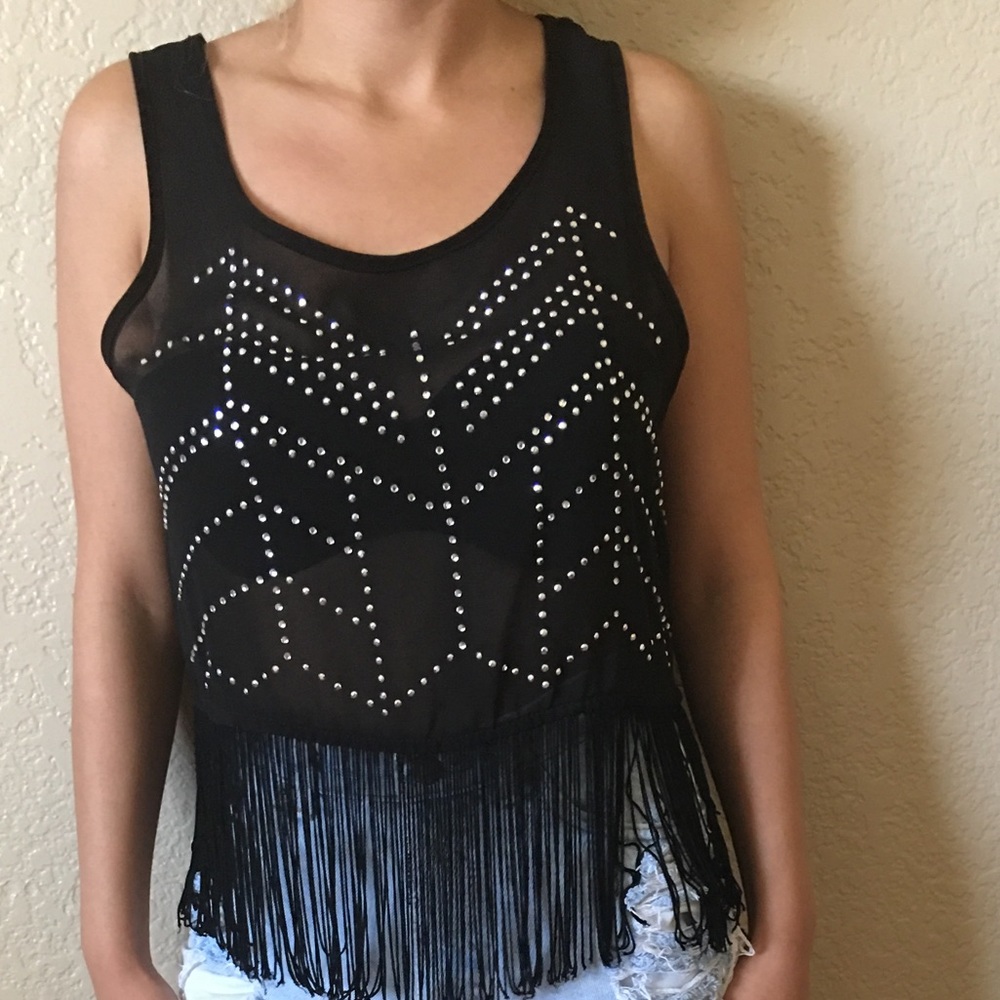 Fringe crop top with rhinestones.