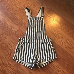 Denim black and white stripped overalls