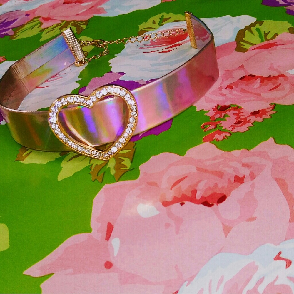 Iridescent rainbow Choker with diamond heart