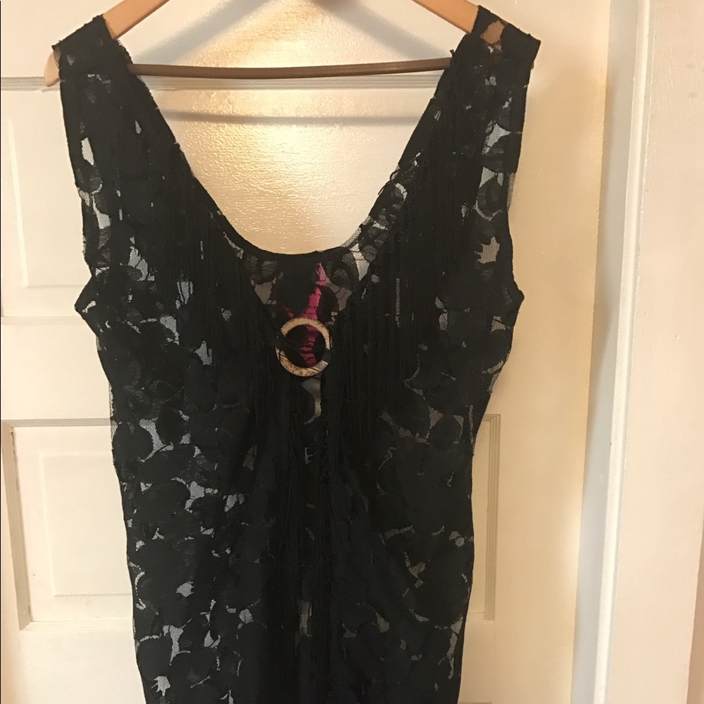 Black Fringe Cut Out Cover Up L NWT Swim