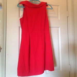 High neck, red dress with gold zipper