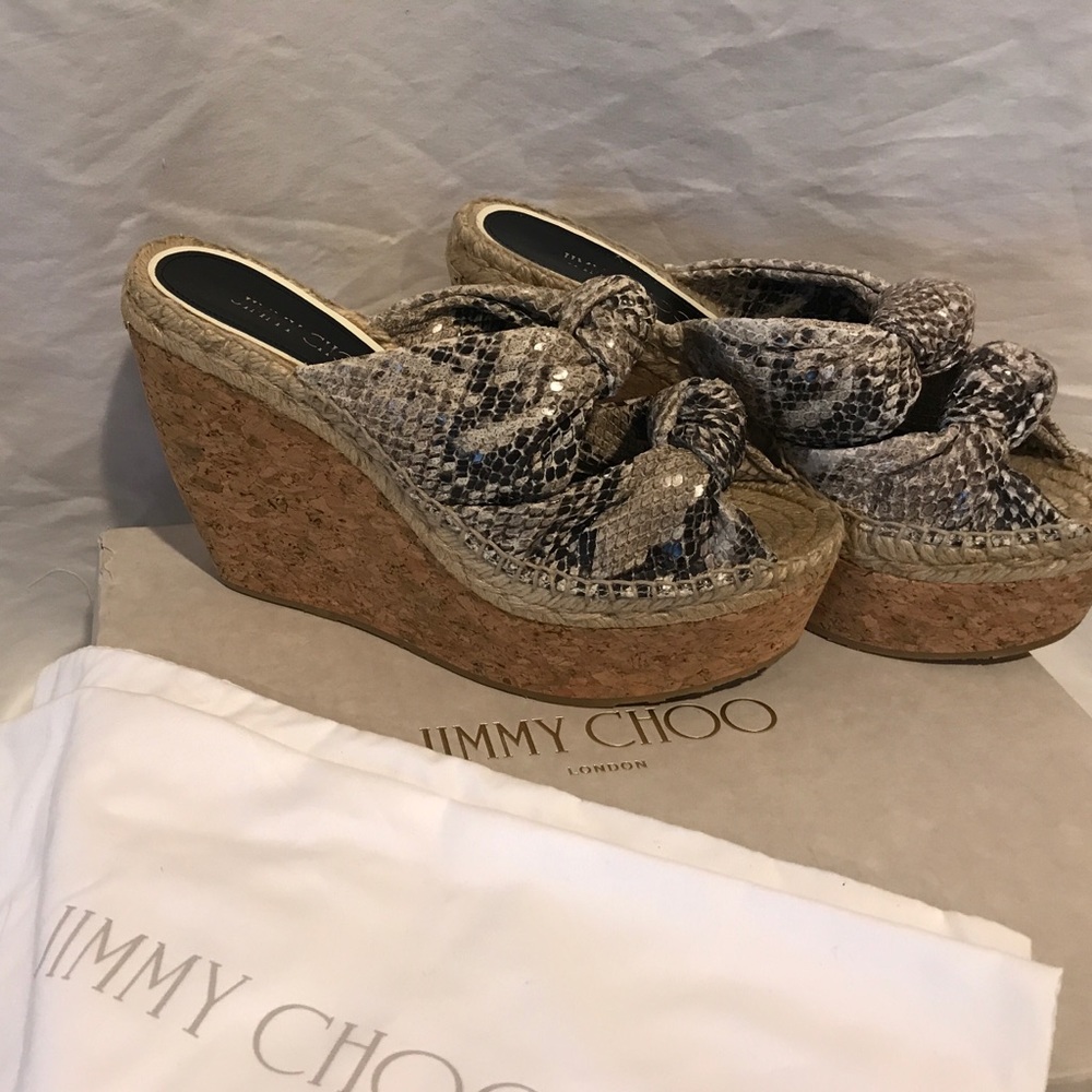 JIMMY CHOO SNAKE SKIN ESPADRILLE WEDGE SANDALS