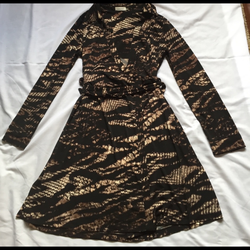Calvin Klein Brown & Black Long Sleeve Wrap Dress