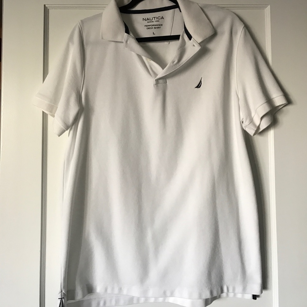 Men's white Nautica polo shirt.