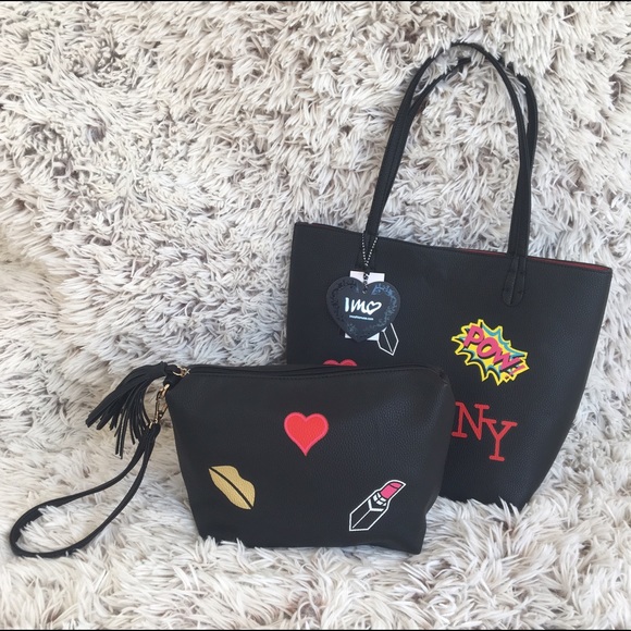 IMO Handbags - REVERSIBLE EMOJI BLACK RED BAG IN A BAG