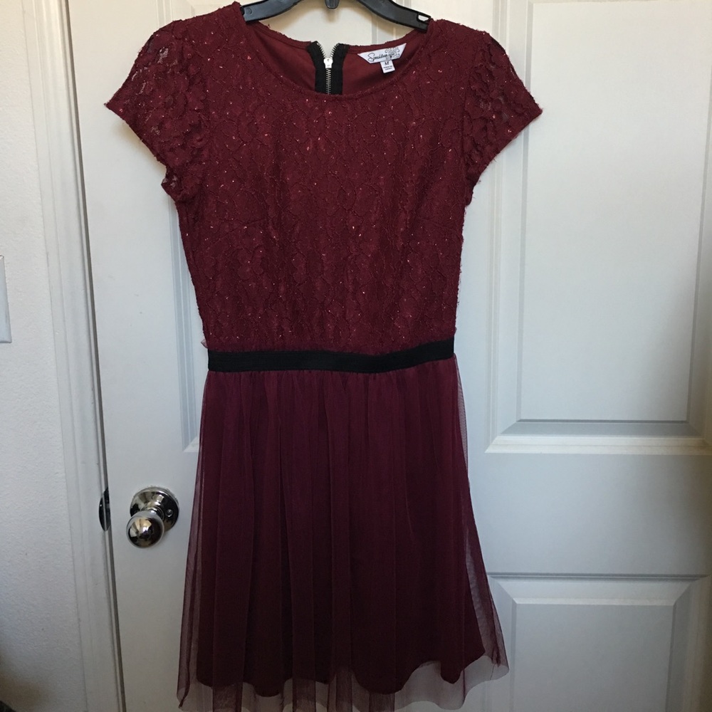 Red lace and sheer formal dress