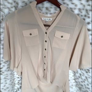 Double Zero tan , cream blouse , button down
