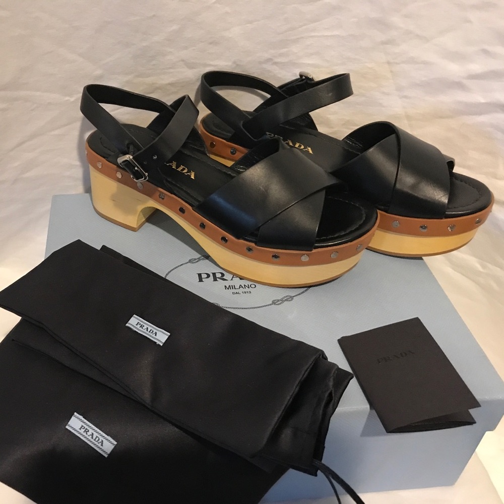 PRADA CLOG HEEL SANDAL BLACK TAN $750 retail