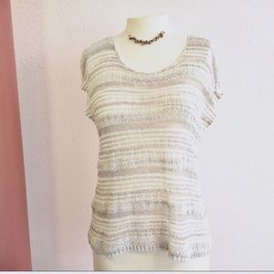 Eileen Fisher linen knit top gray and cream stripe
