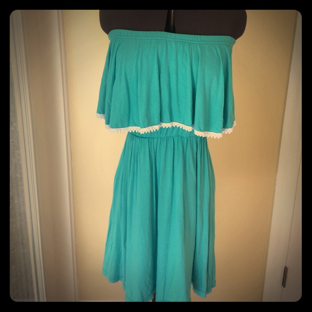 Summer Dress bright turquoise with white crochet