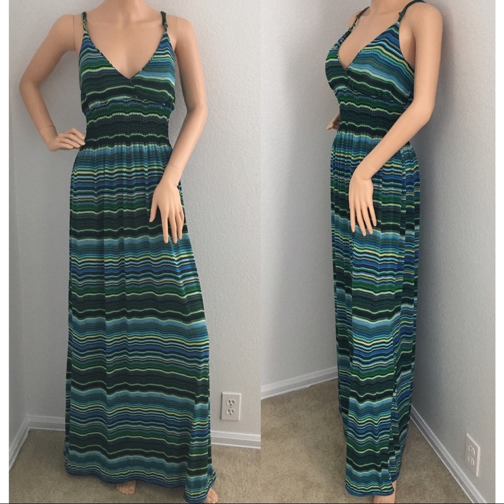 Summer/beach dress w/blue & green stripes maxi Med