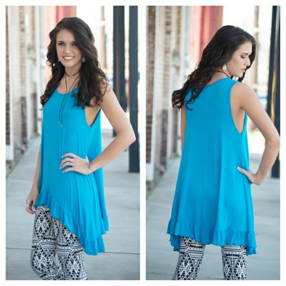 NWT TURQUOISE RUFFLE TOP - Picture 2 of 2