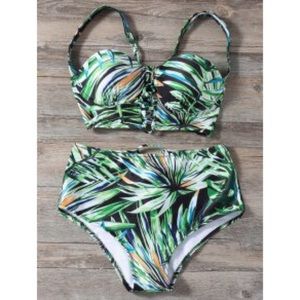 Lace Up Printed High Waste Bikini Set